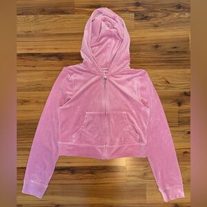 Juicy Couture OG Bling Pink Velour Zip Hoodie Rhinestone Logo Y2K Cropped L